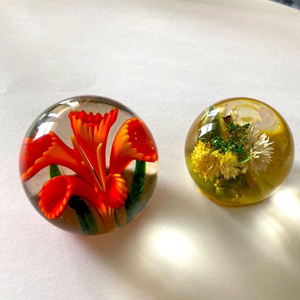 Glass Floral Paperweights-Set of 2